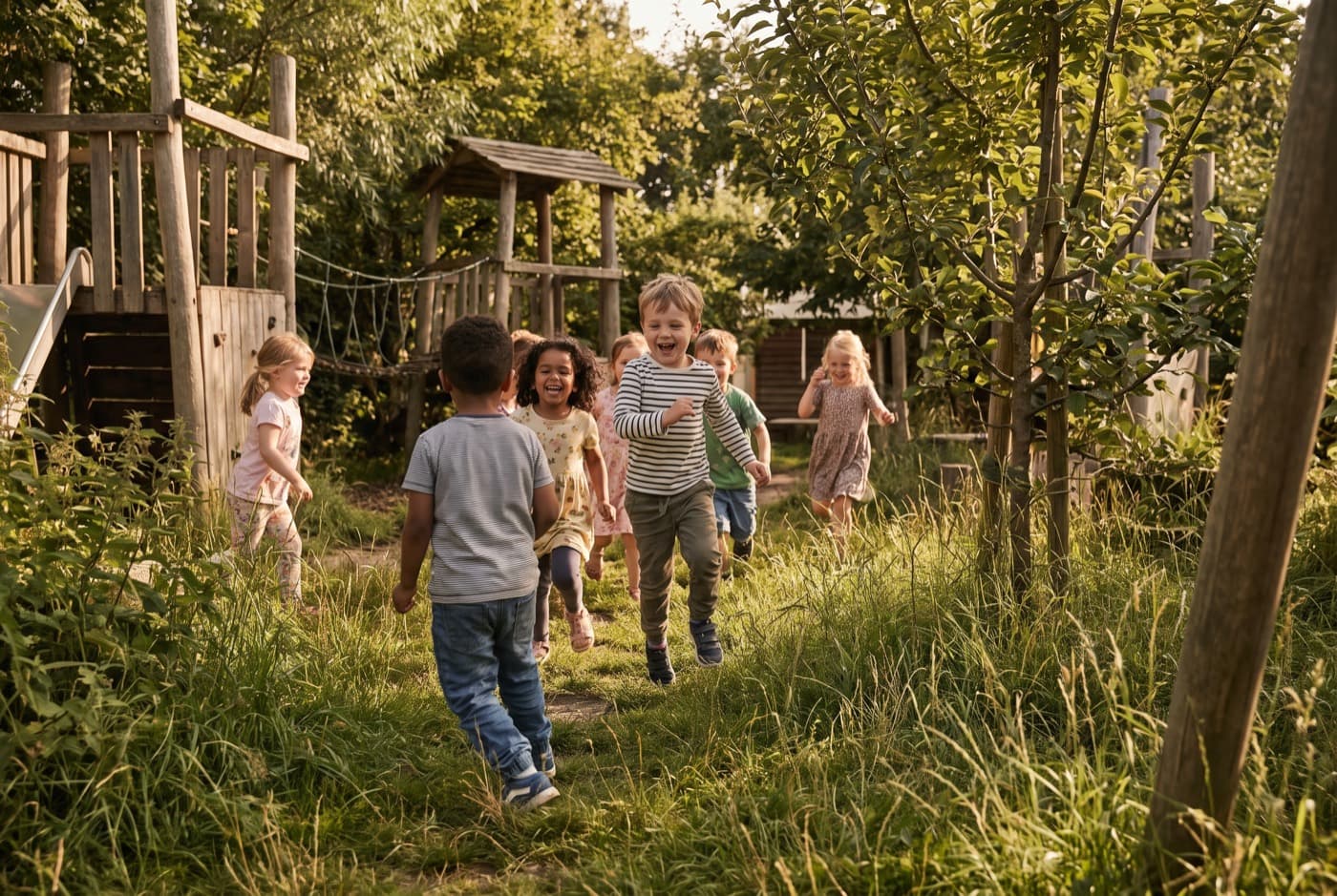 Kinder spielen fröhlich auf dem grünen Außengelände der Kita