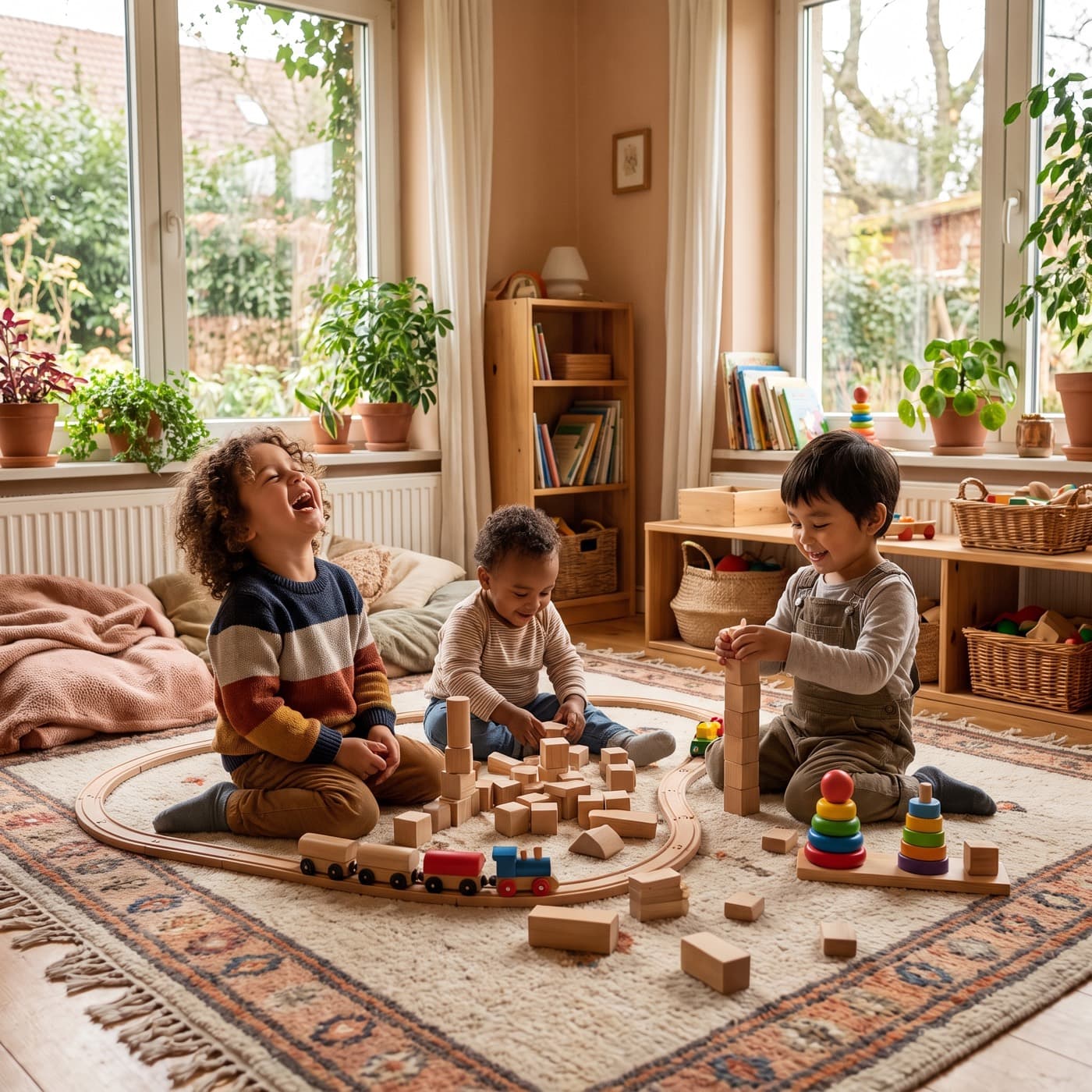 Kinder spielen fröhlich mit Holzspielzeug in einem hellen Gruppenraum der Kita Senfkorn