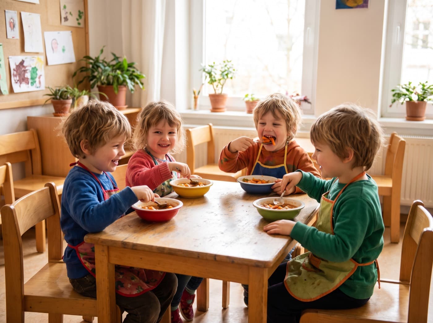 Kinder essen gemeinsam ein warmes Mittagessen an einem Tisch