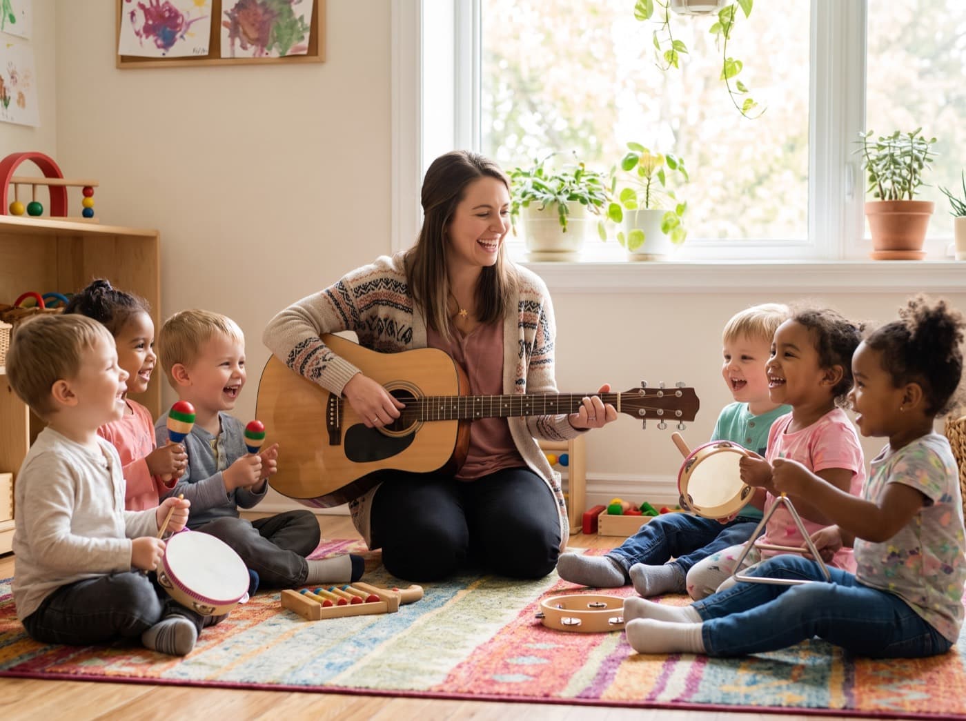 Erzieherin singt und musiziert gemeinsam mit einer kleinen Gruppe Kinder im Stuhlkreis