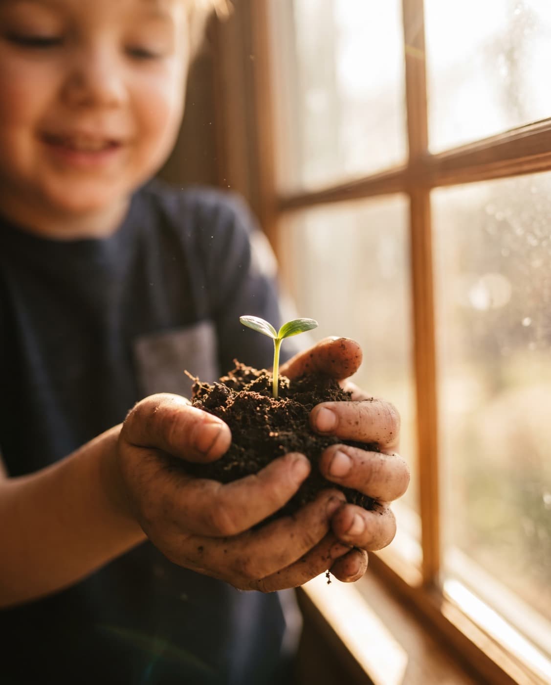 Kleine Kinderhände halten behutsam einen jungen grünen Keimling in der Erde